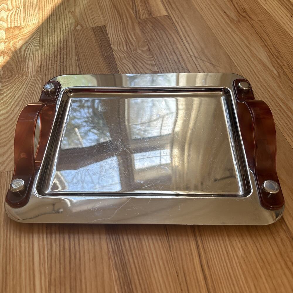 Oscar De La Renta Intrusion Chrome Tray Art Deco Style Bakelite Type Handles